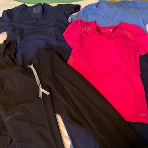 Scrub sets; three shirt and pant sets, two scrub tops